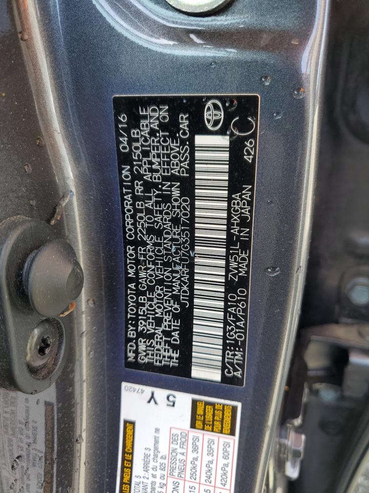 2016 Toyota Prius VIN: JTDKARFU7G3517020 Lot: 53282005