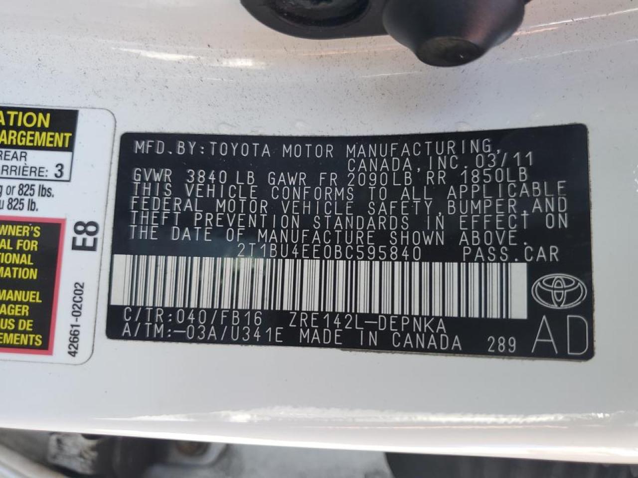2T1BU4EE0BC595840 2011 Toyota Corolla Base