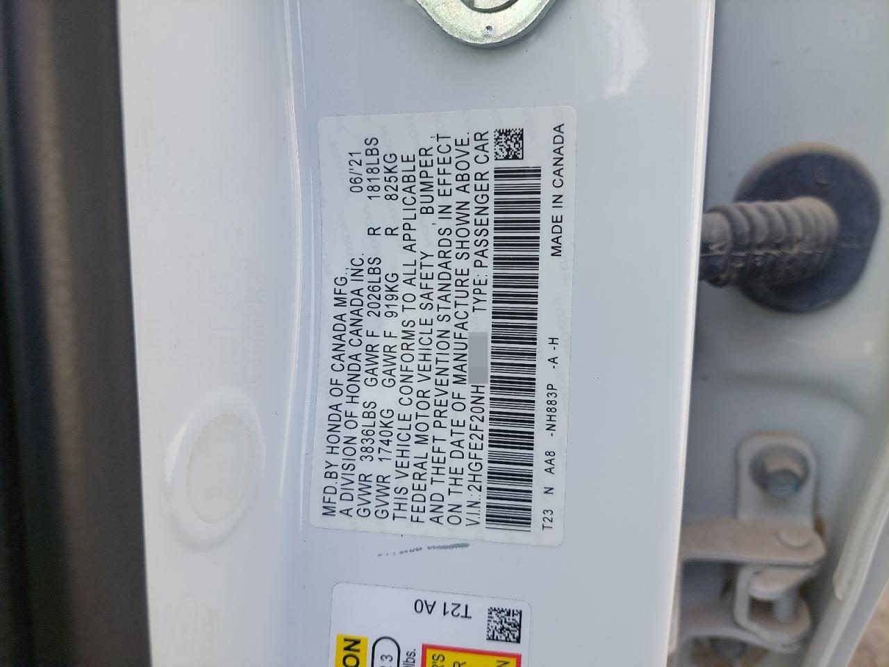 2HGFE2F20NH511955 - 2022 Honda CIVIC - #53779975
