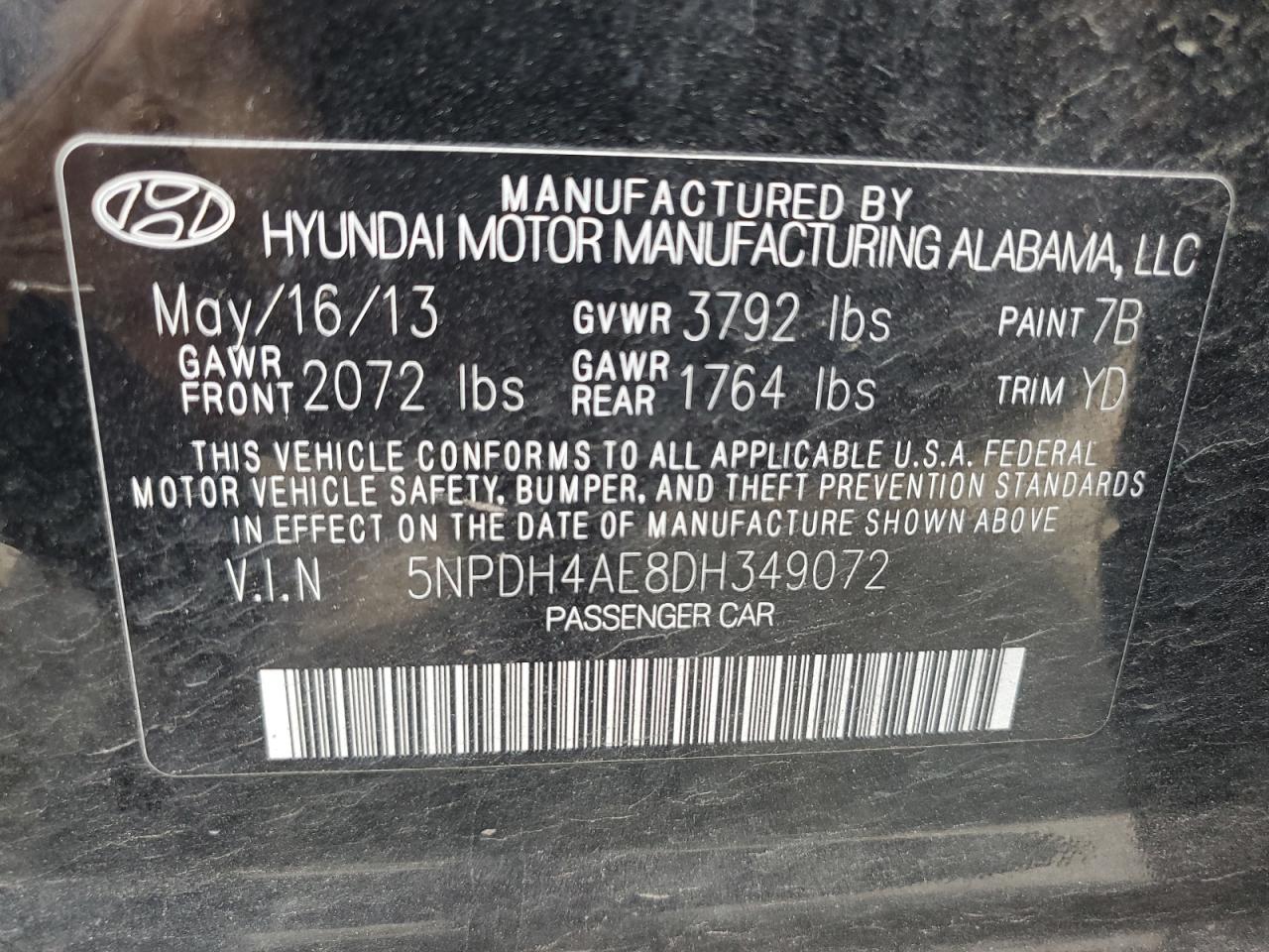 2013 Hyundai Elantra Gls VIN: 5NPDH4AE8DH349072 Lot: 53987265