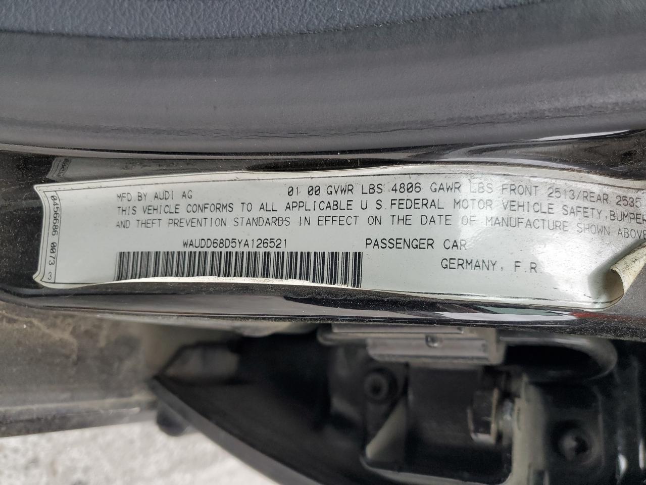 2000 Audi S4 2.7 Quattro VIN: WAUDD68D5YA126521 Lot: 53467815