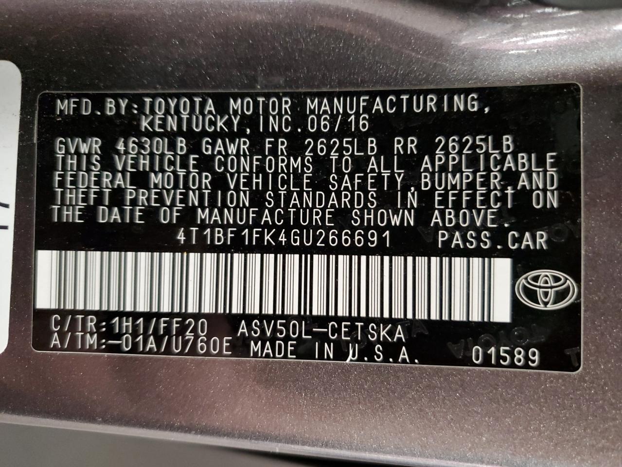 2016 Toyota Camry Le VIN: 4T1BF1FK4GU266691 Lot: 53691265