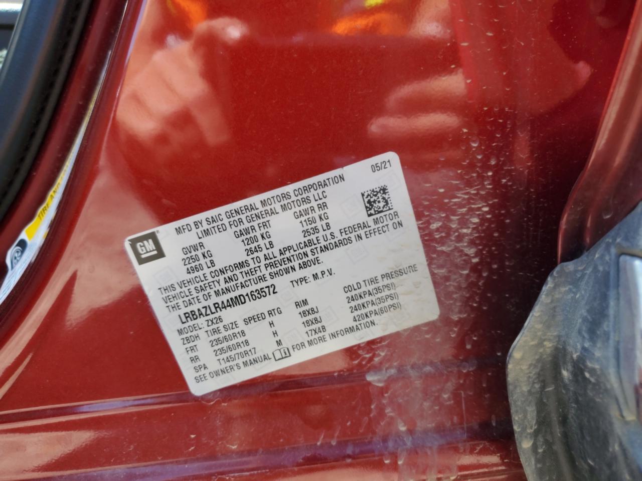 2021 Buick Envision Preferred VIN: LRBAZLR44MD163572 Lot: 52320595