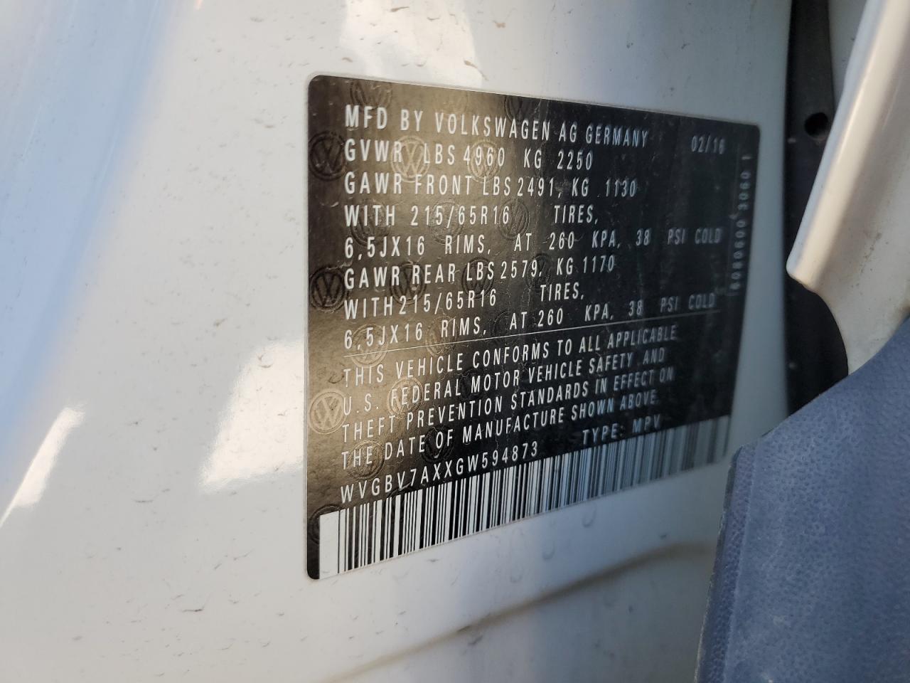 2016 Volkswagen Tiguan S VIN: WVGBV7AXXGW594873 Lot: 71329234