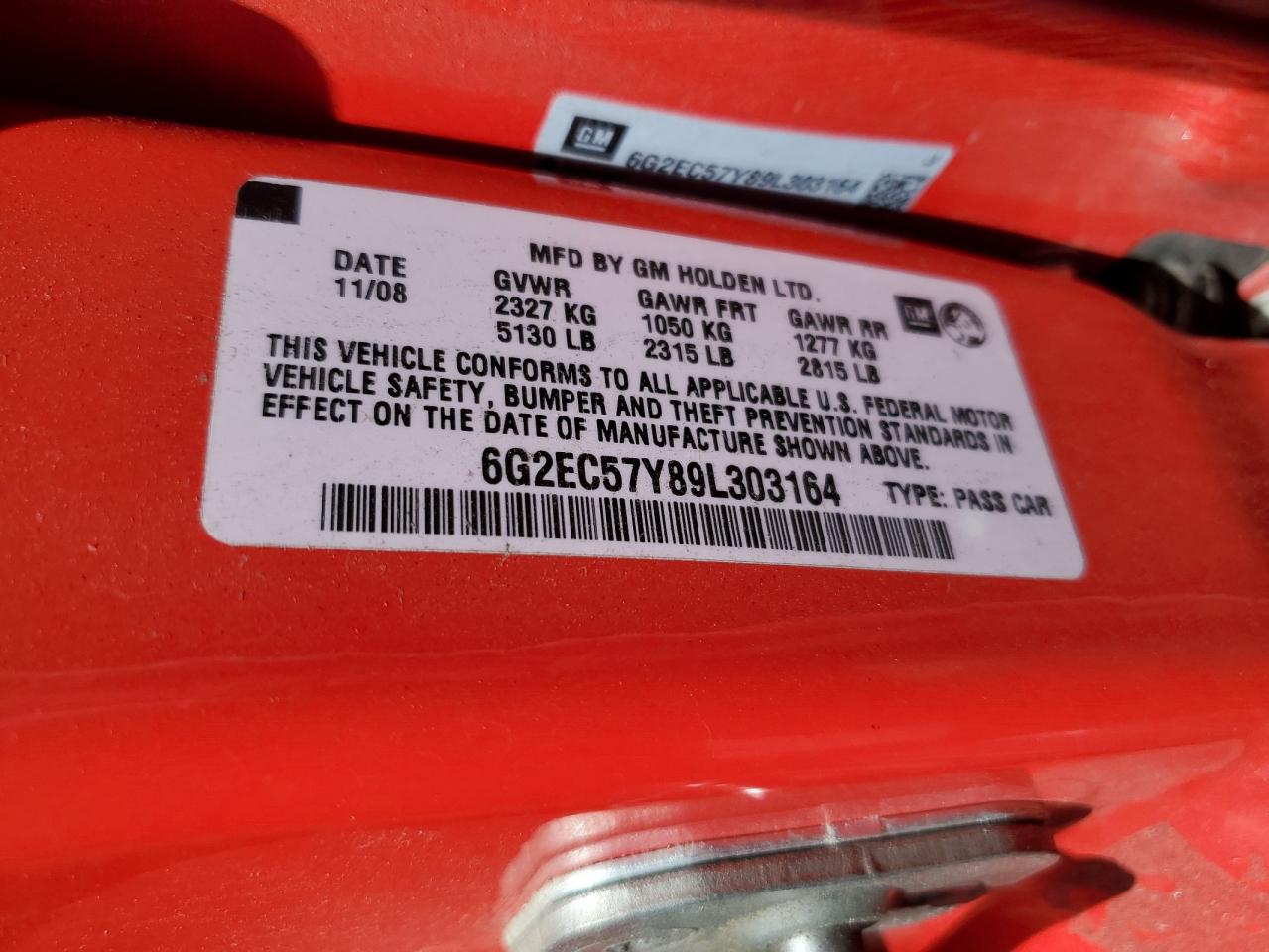 2009 Pontiac G8 Gt VIN: 6G2EC57Y89L303164 Lot: 51983005