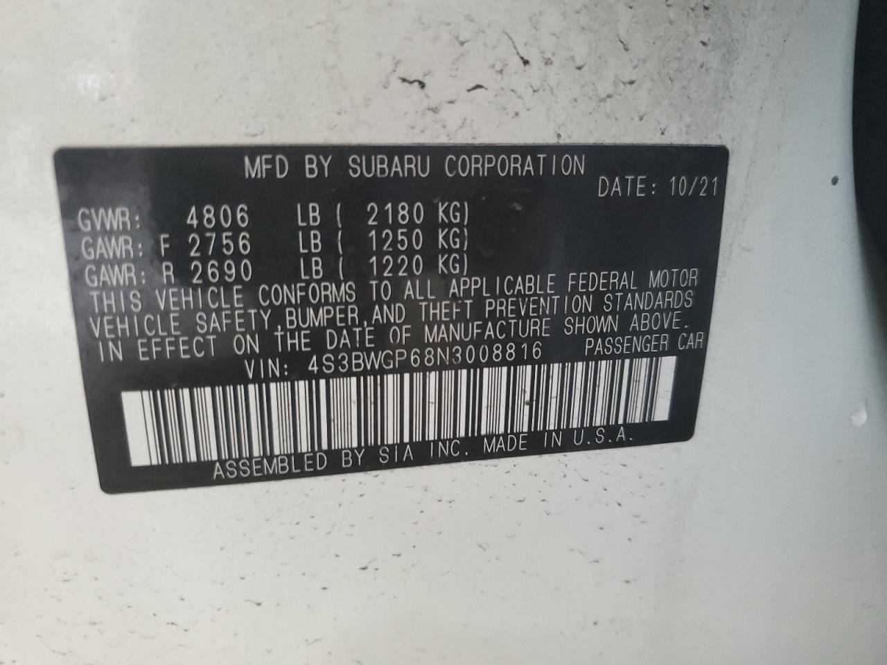 2022 Subaru Legacy Touring Xt VIN: 4S3BWGP68N3008816 Lot: 55069145