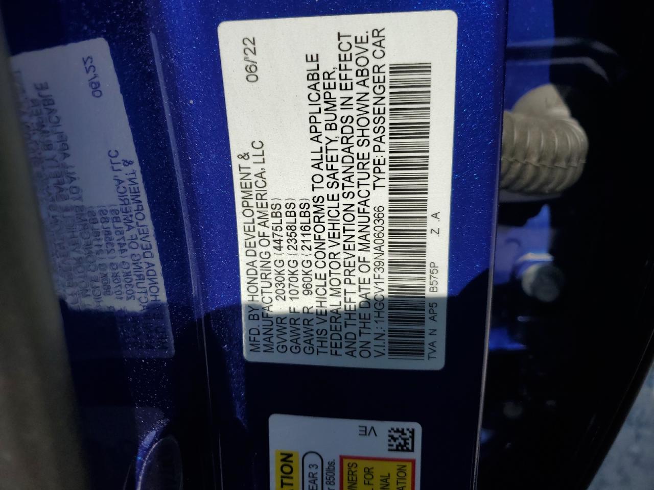 2022 Honda Accord Sport VIN: 1HGCV1F39NA060366 Lot: 53441865