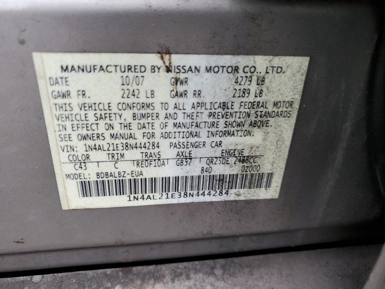2008 Nissan Altima 2.5 VIN: 1N4AL21E38N444284 Lot: 51339755