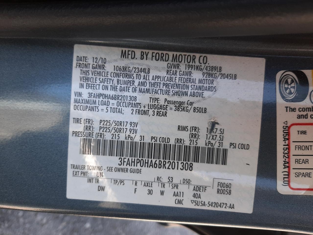 2011 Ford Fusion Se VIN: 3FAHP0HA6BR201308 Lot: 54948835