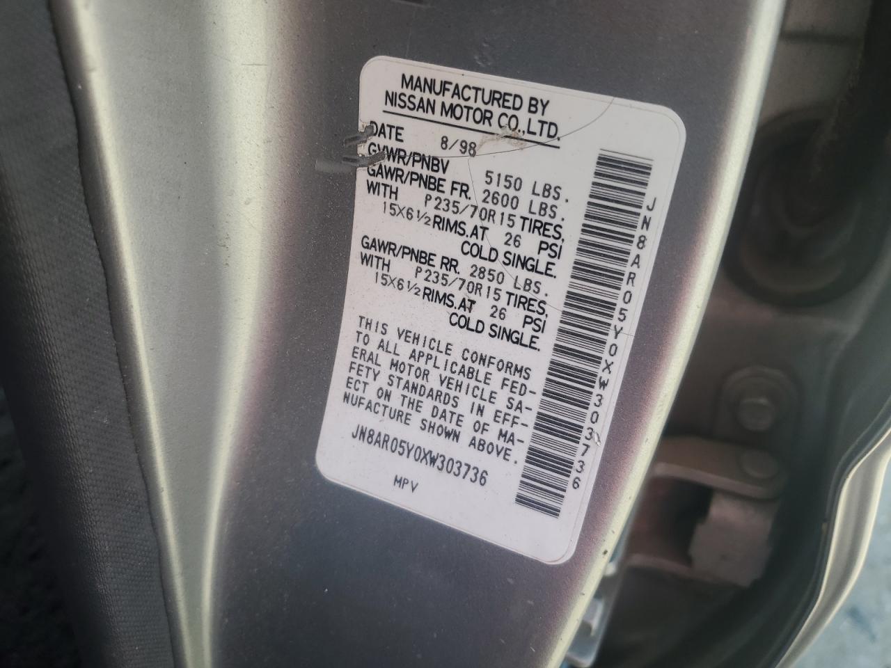 1999 Nissan Pathfinder Le VIN: JN8AR05Y0XW303736 Lot: 53698945