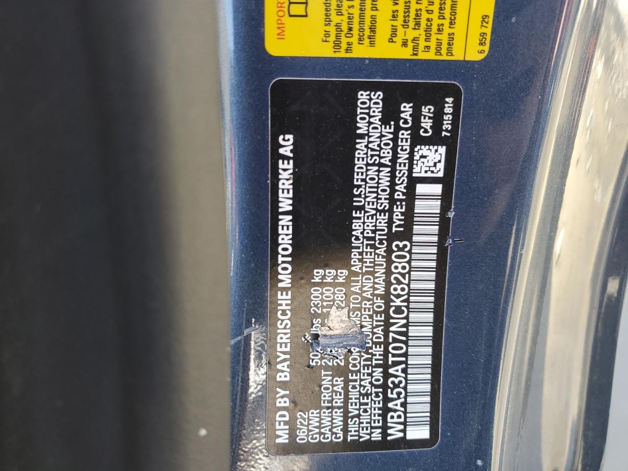 2022 BMW M440I VIN: WBA53AT07NCK82803 Lot: 51967335