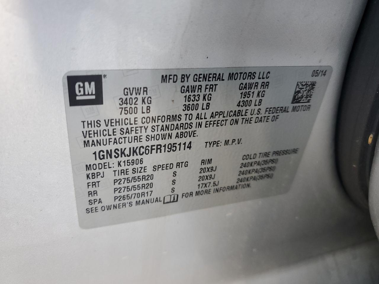 2015 Chevrolet Suburban K1500 Lt VIN: 1GNSKJKC6FR195114 Lot: 53040585