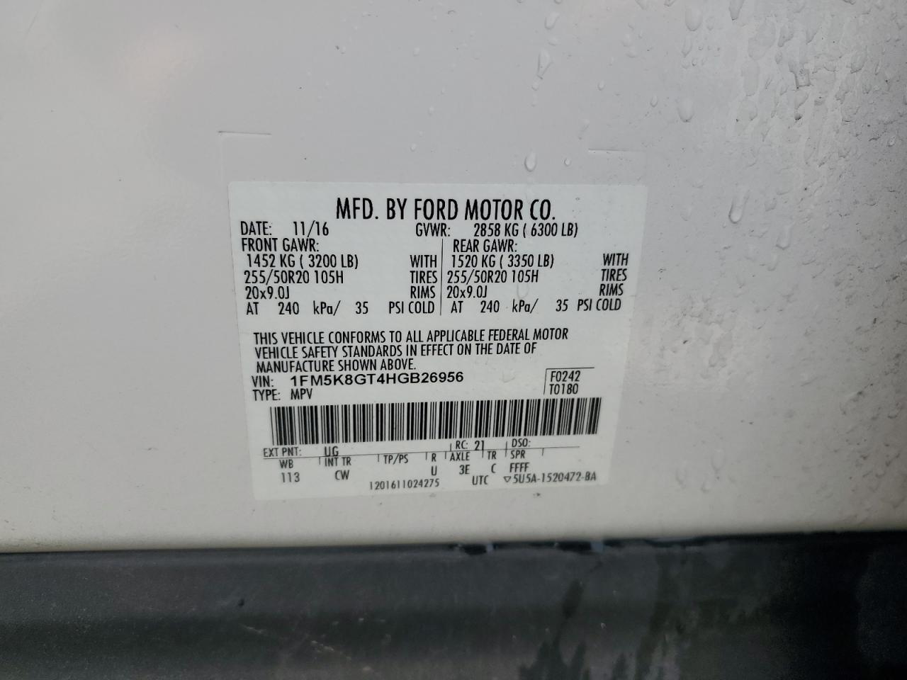 2017 Ford Explorer Sport VIN: 1FM5K8GT4HGB26956 Lot: 52455385
