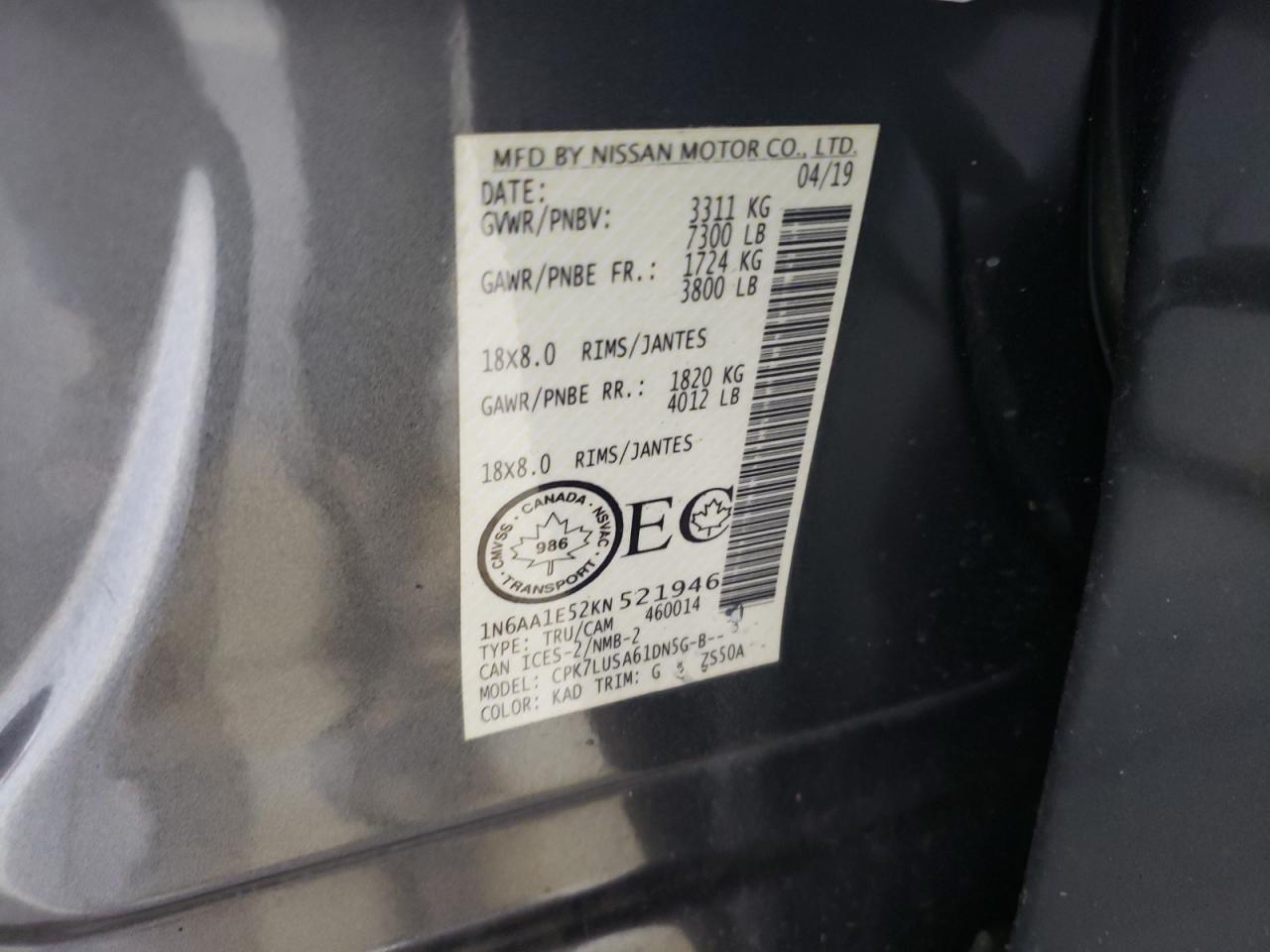 2019 Nissan Titan Sv VIN: 1N6AA1E52KN521946 Lot: 53984745
