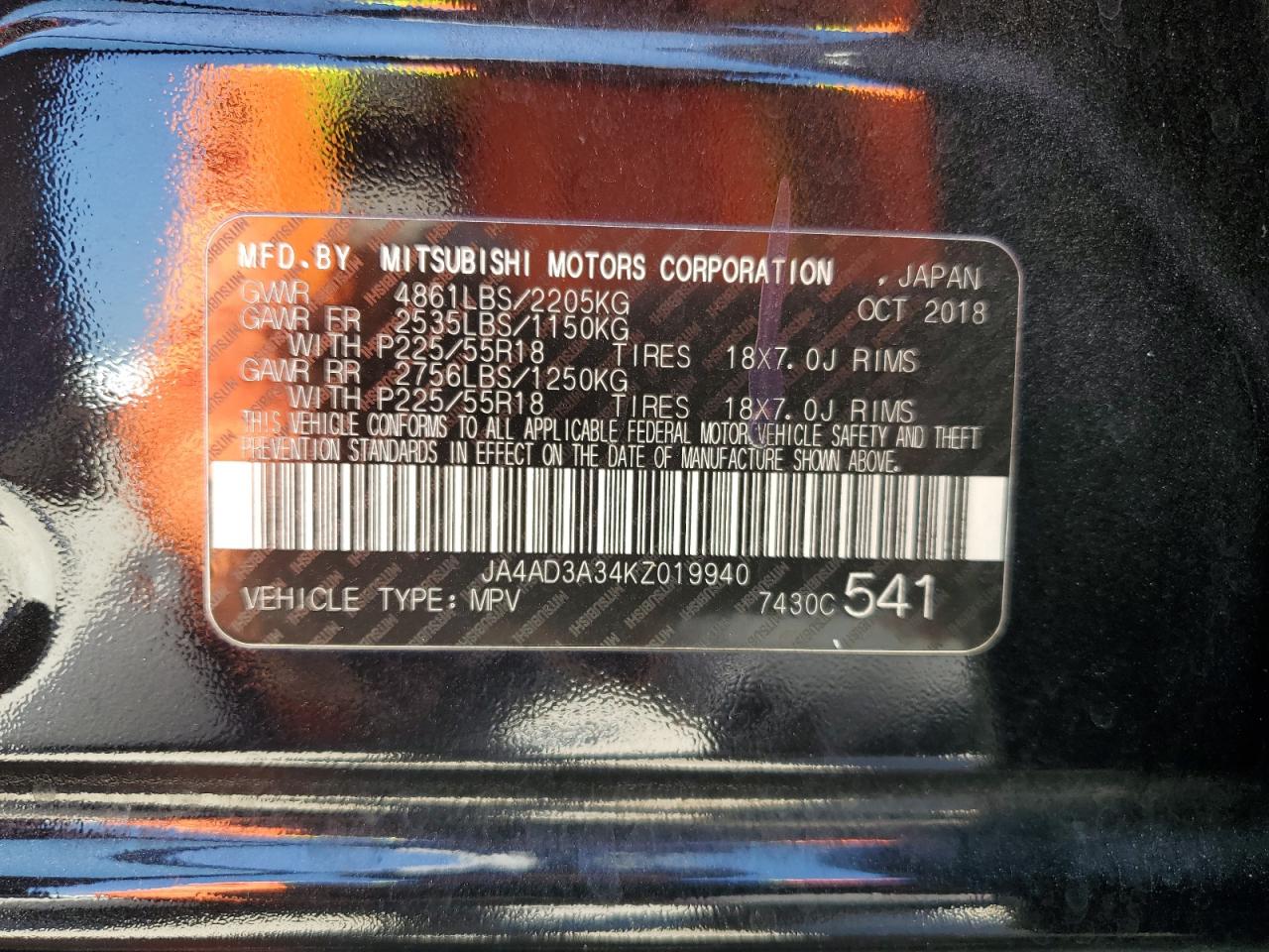 2019 Mitsubishi Outlander Se VIN: JA4AD3A34KZ019940 Lot: 52860795
