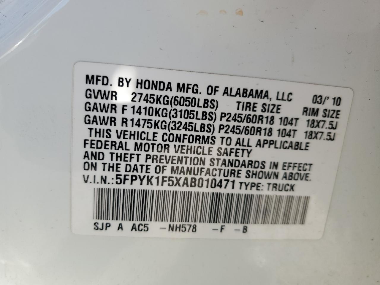 2010 Honda Ridgeline Rtl VIN: 5FPYK1F5XAB010471 Lot: 54334255