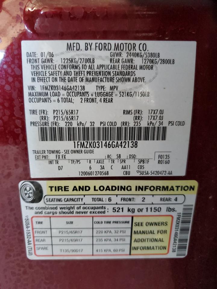 2006 Ford Freestyle Limited VIN: 1FMZK03146GA42138 Lot: 52175675