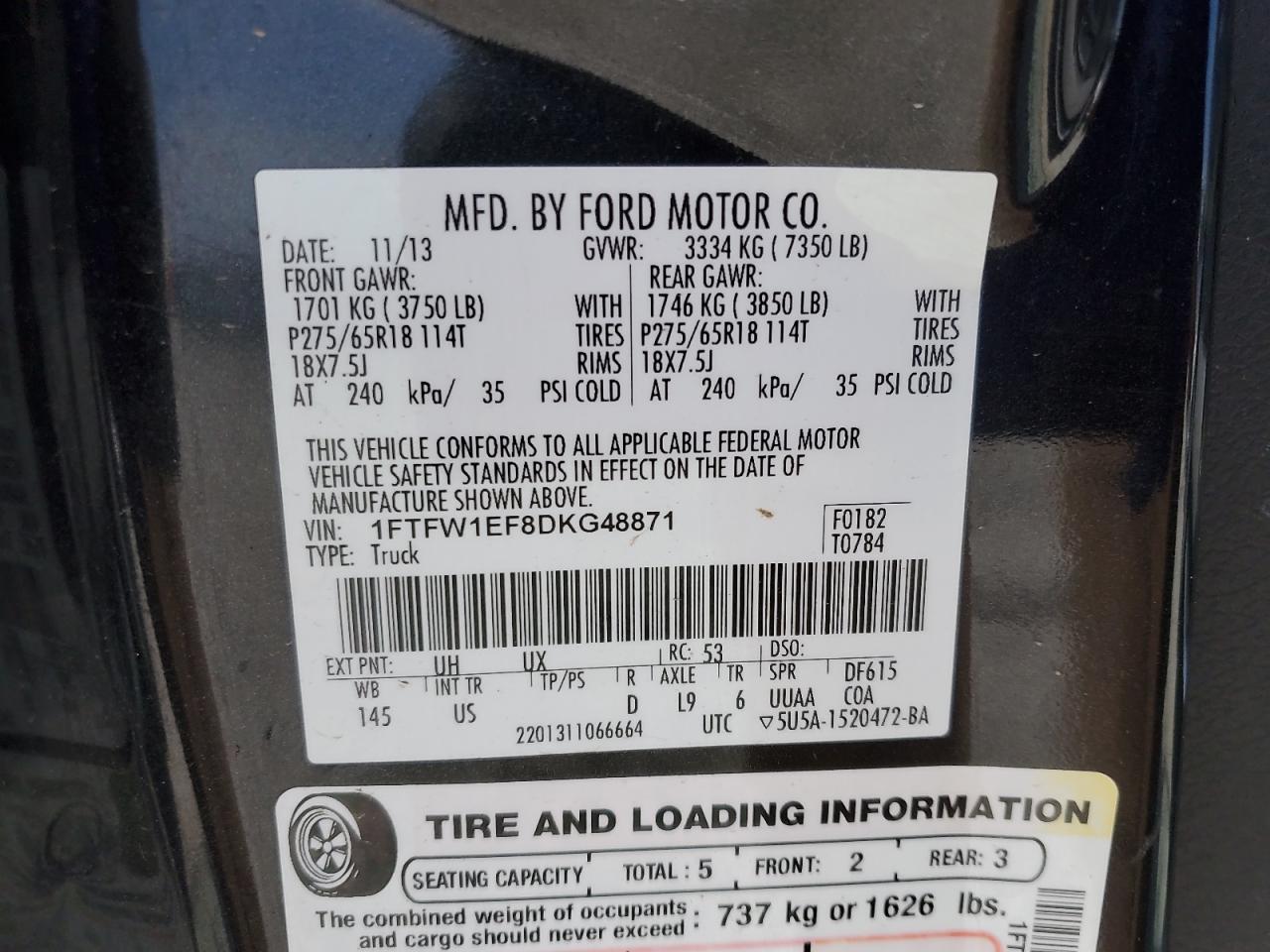 2013 Ford F150 Supercrew VIN: 1FTFW1EF8DKG48871 Lot: 51284715