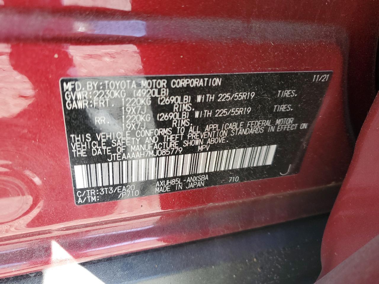 2021 Toyota Venza Le VIN: JTEAAAAH7MJ085779 Lot: 53330575