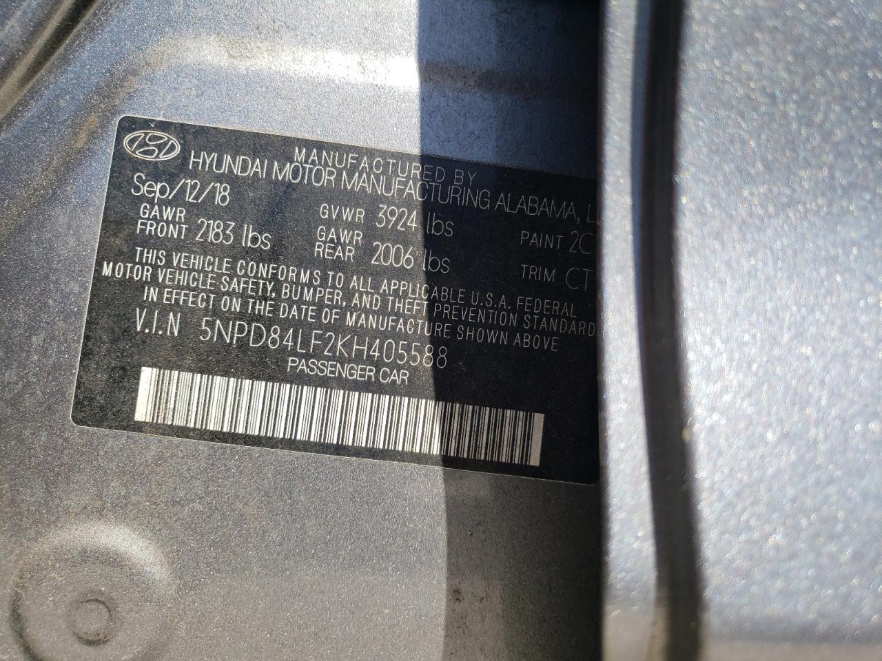 2019 Hyundai Elantra Sel VIN: 5NPD84LF2KH405588 Lot: 55239275