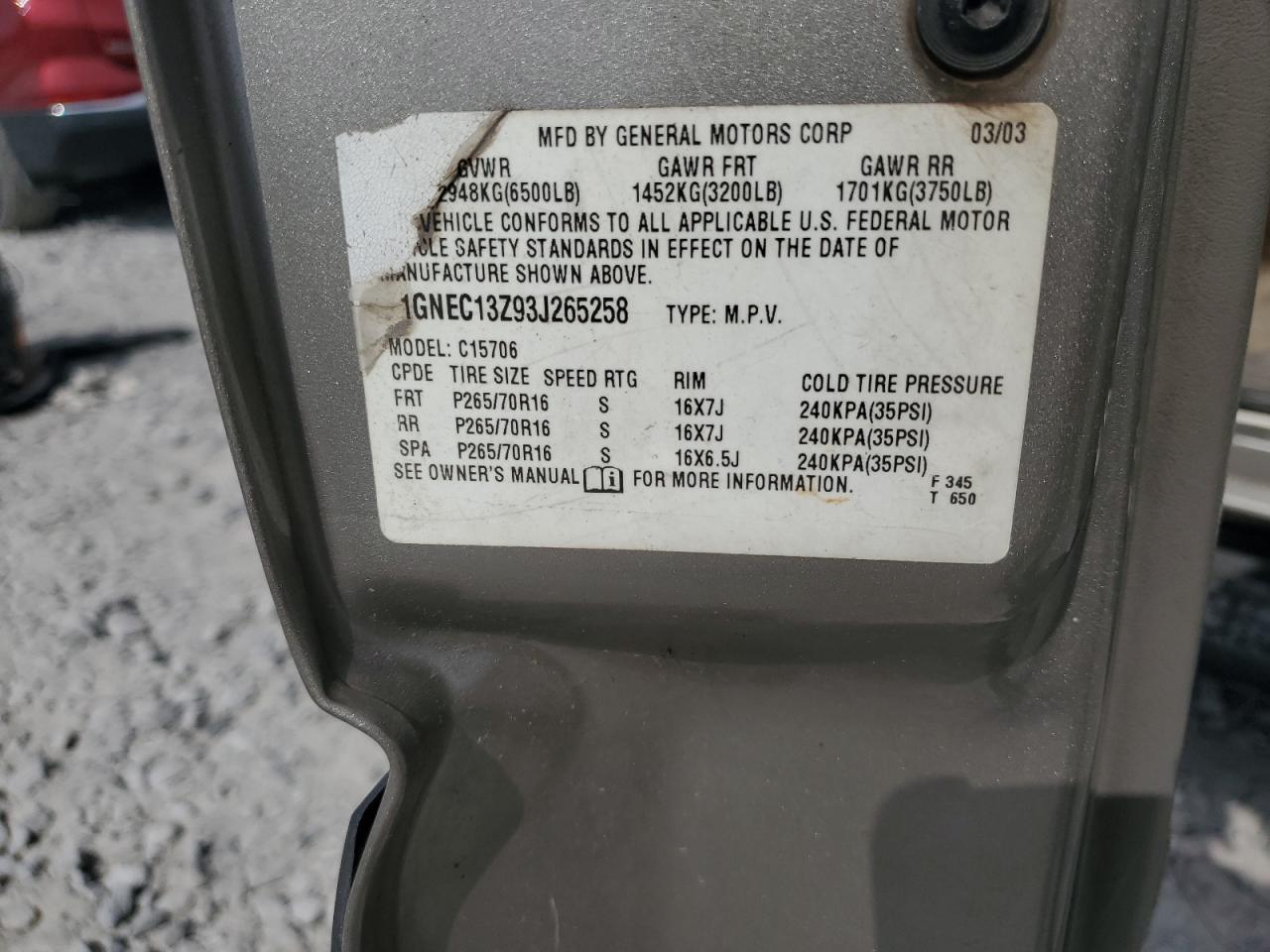 2003 Chevrolet Tahoe C1500 VIN: 1GNEC13Z93J265258 Lot: 70554825