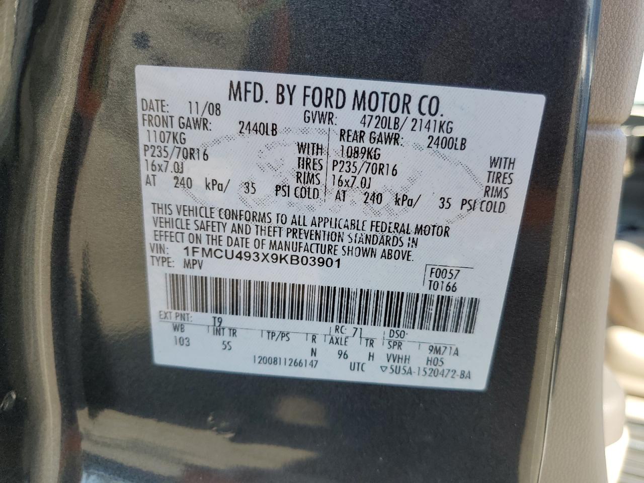 2009 Ford Escape Hybrid VIN: 1FMCU493X9KB03901 Lot: 52353675