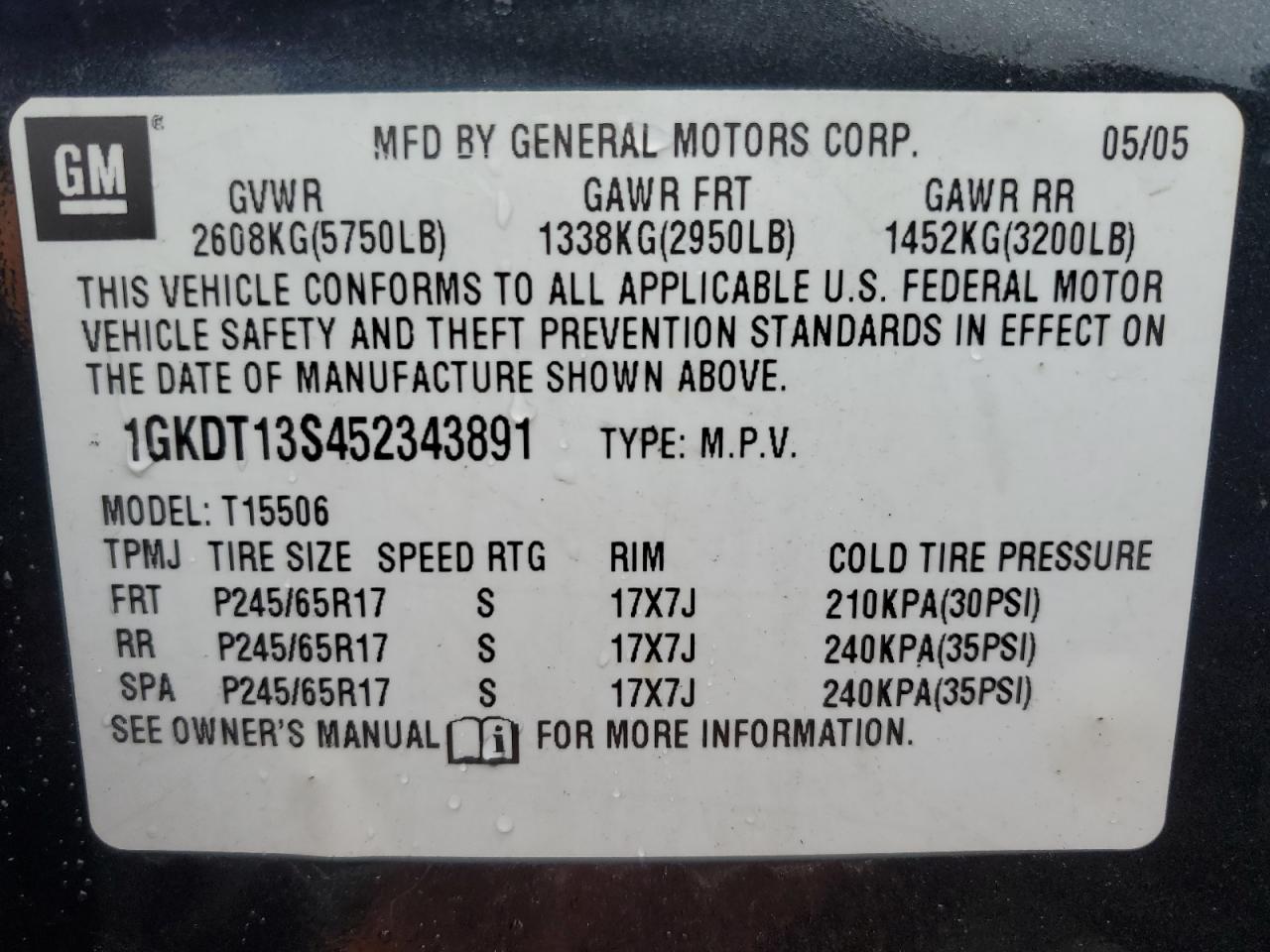 2005 GMC Envoy VIN: 1GKDT13S452343891 Lot: 52524555