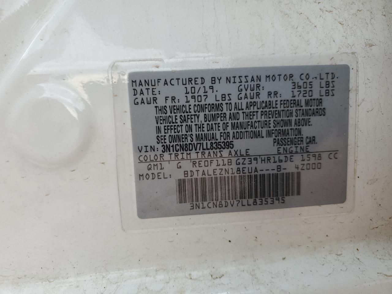 2020 Nissan Versa S VIN: 3N1CN8DV7LL835395 Lot: 54765865
