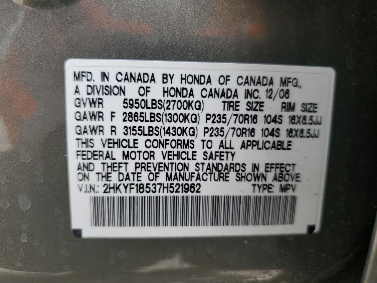 2007 Honda Pilot Exl VIN: 2HKYF18537H521962 Lot: 53171095