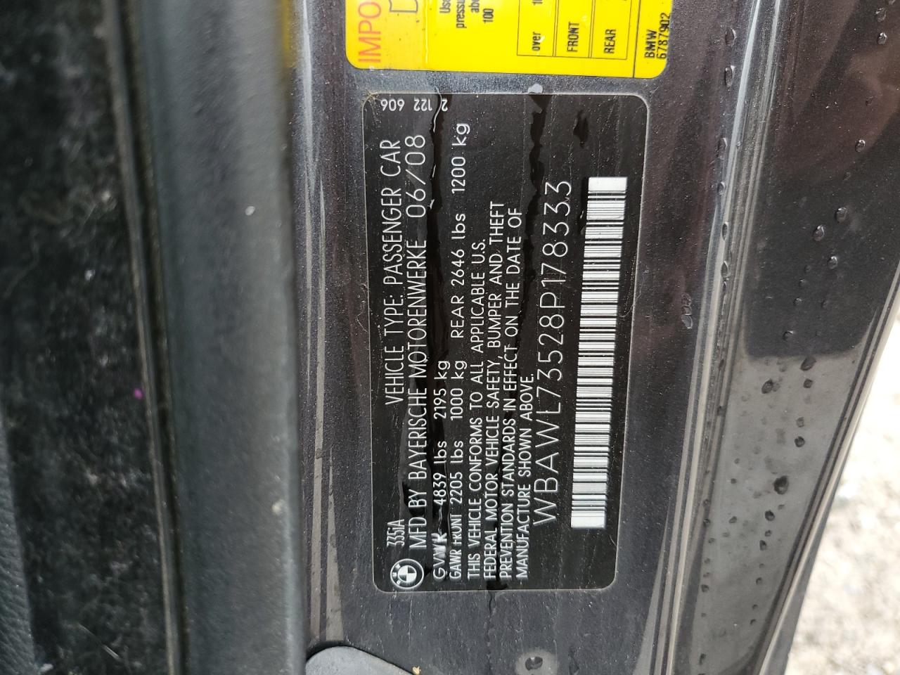 2008 BMW 335 I VIN: WBAWL73528P178333 Lot: 52937925