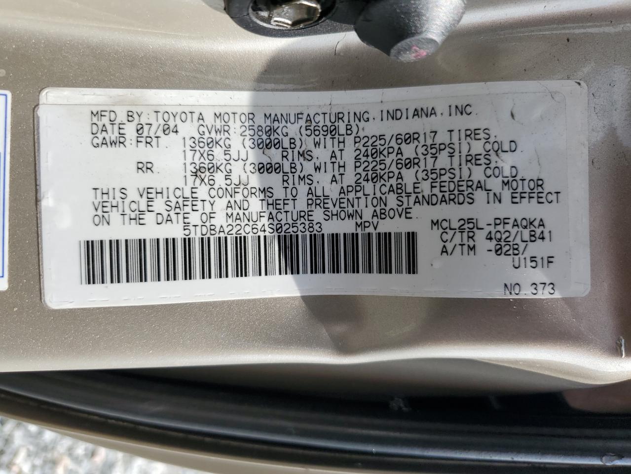 2004 Toyota Sienna Xle VIN: 5TDBA22C64S025383 Lot: 52894995