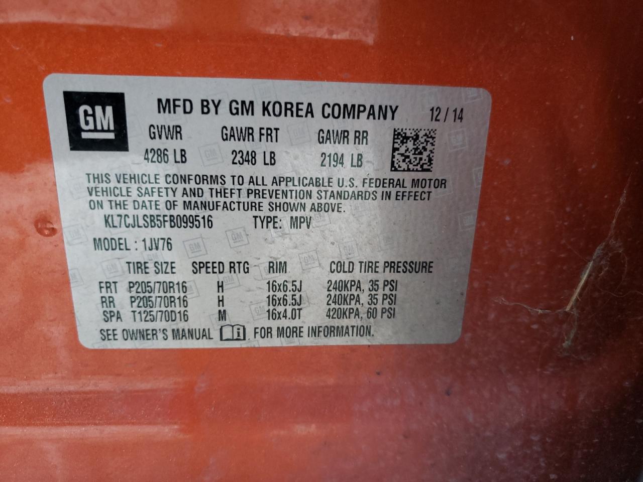 kl7cjlsb5fb099516 KL7CJLSB5FB099516 2015 Chevrolet Trax 1Lt
