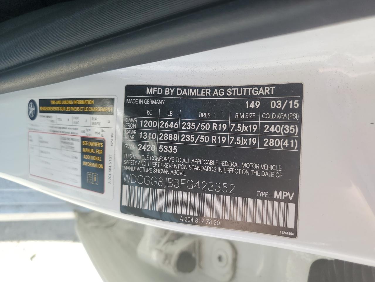 2015 Mercedes-Benz Glk 350 4Matic VIN: WDCGG8JB3FG423352 Lot: 54516735
