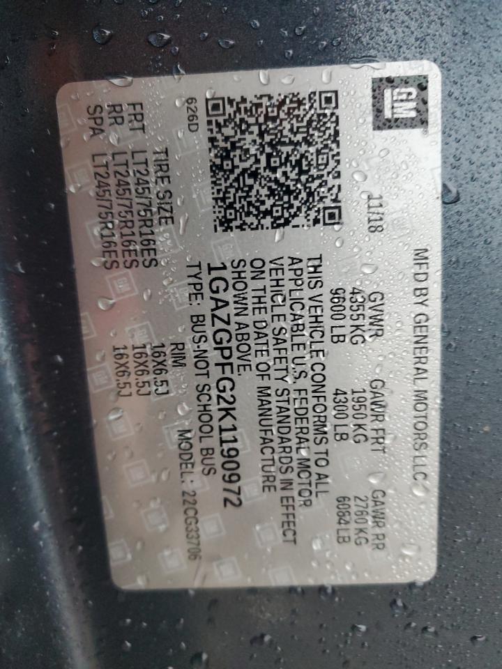 2019 Chevrolet Express G3500 Lt VIN: 1GAZGPFG2K1190972 Lot: 51807005