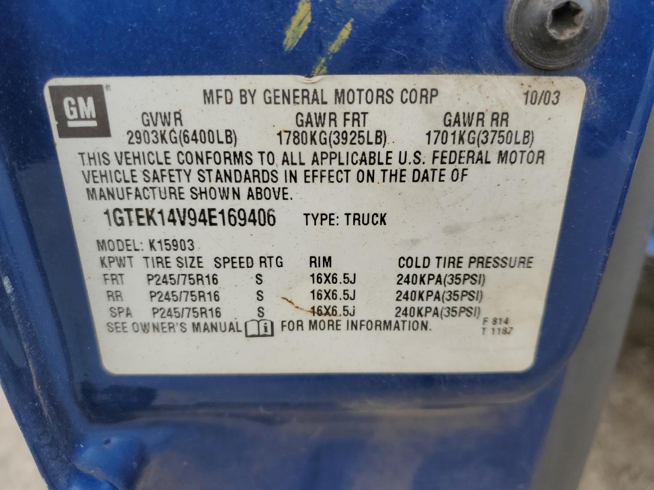 2004 GMC New Sierra K1500 VIN: 1GTEK14V94E169406 Lot: 52633975