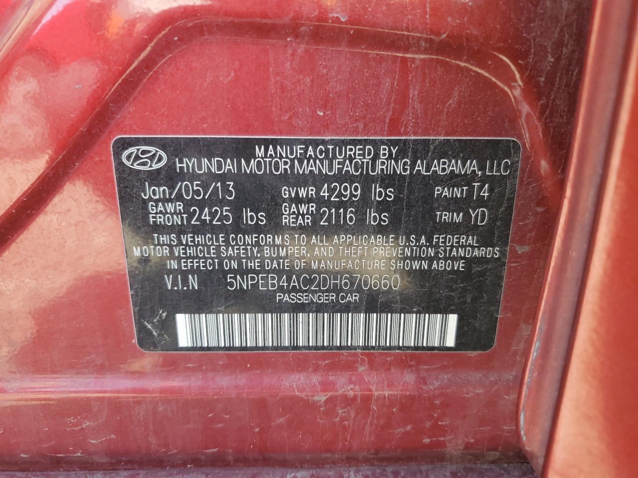 2013 Hyundai Sonata Gls VIN: 5NPEB4AC2DH670660 Lot: 54957755