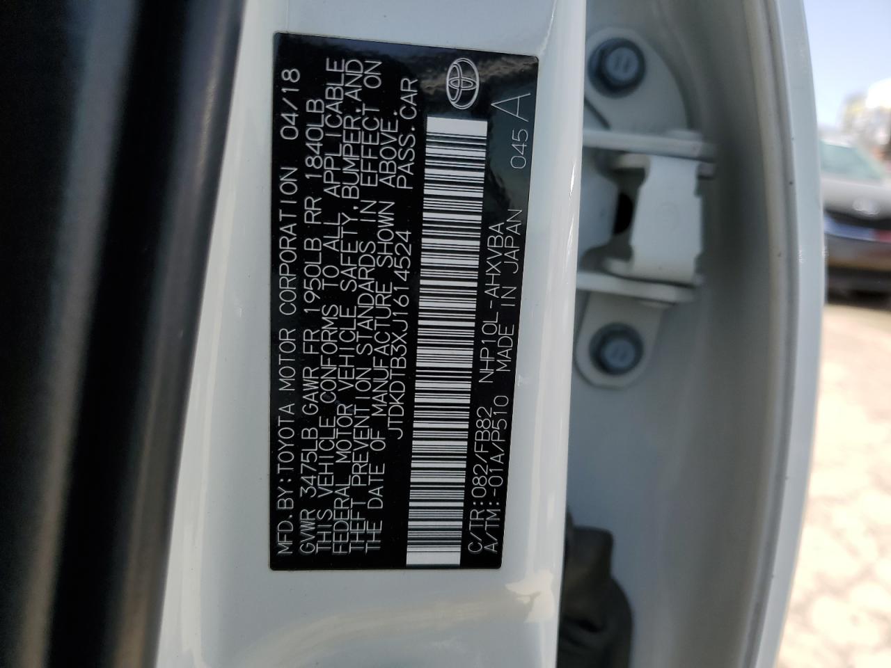 2018 Toyota Prius C VIN: JTDKDTB3XJ1614524 Lot: 53391615