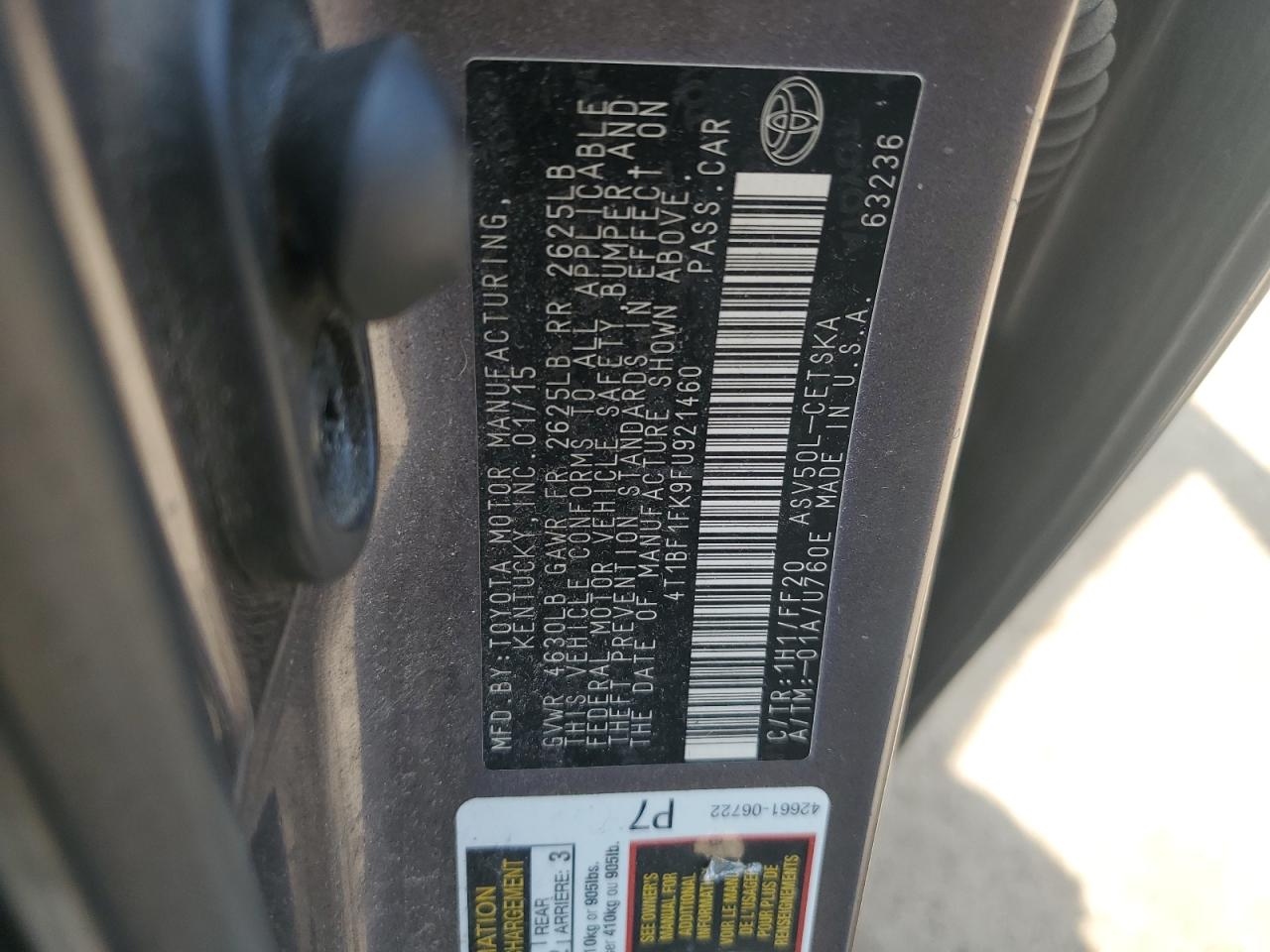 2015 Toyota Camry Le VIN: 4T1BF1FK9FU921460 Lot: 54565755