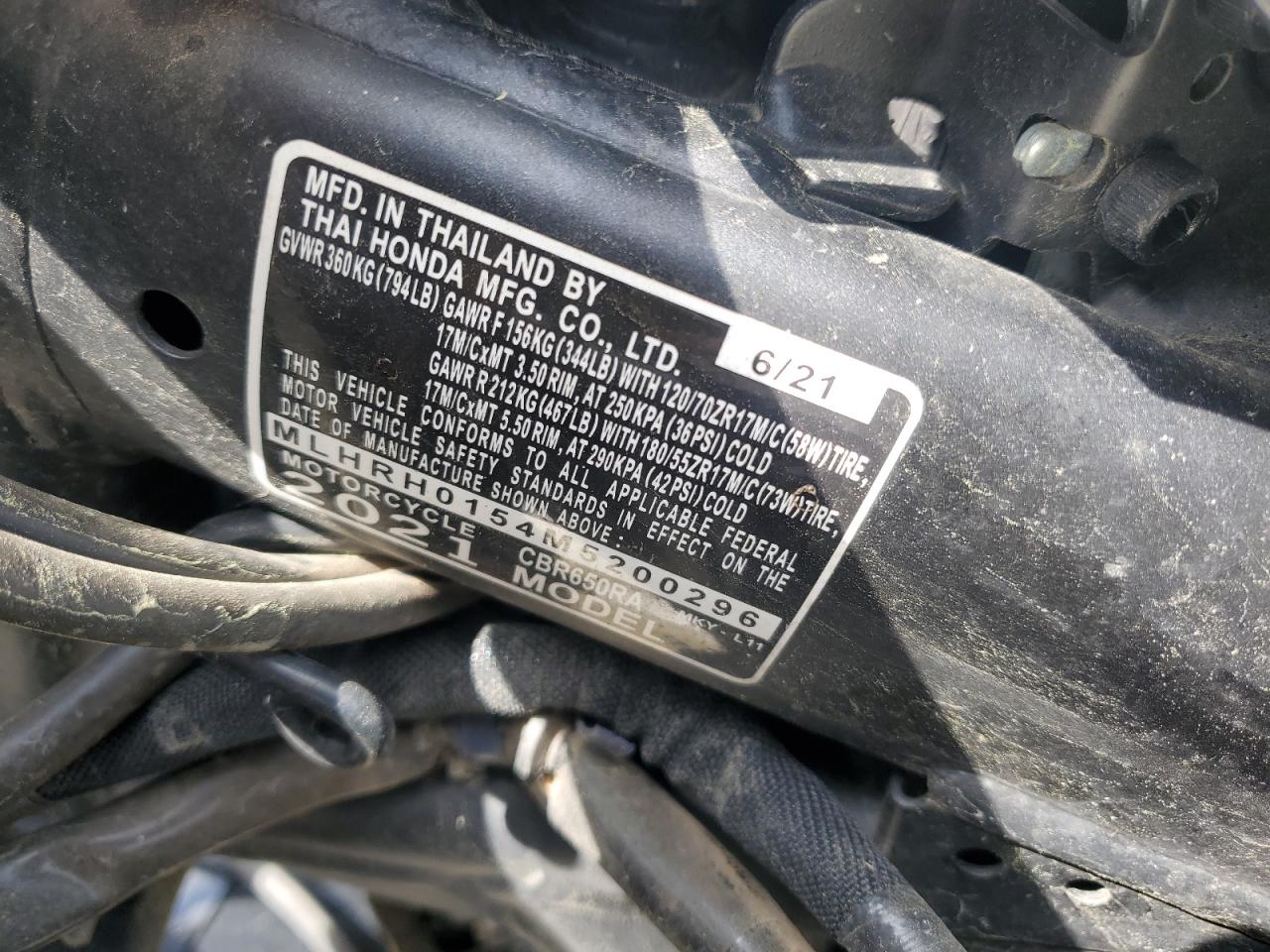 2021 Honda Cbr650 Ra VIN: MLHRH0154M5200296 Lot: 52034035