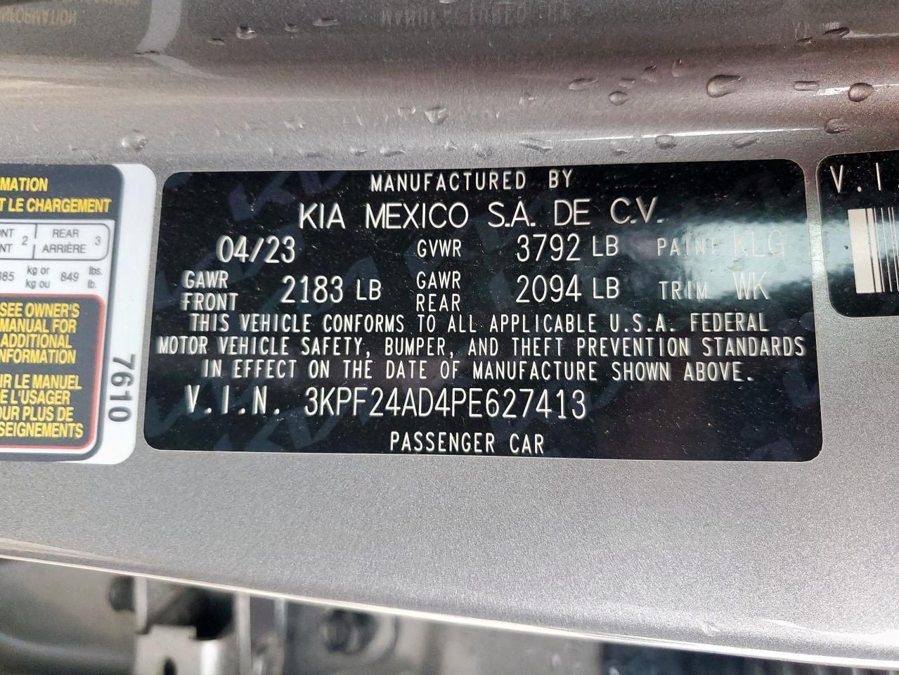 2023 Kia Forte Lx VIN: 3KPF24AD4PE627413 Lot: 53784485