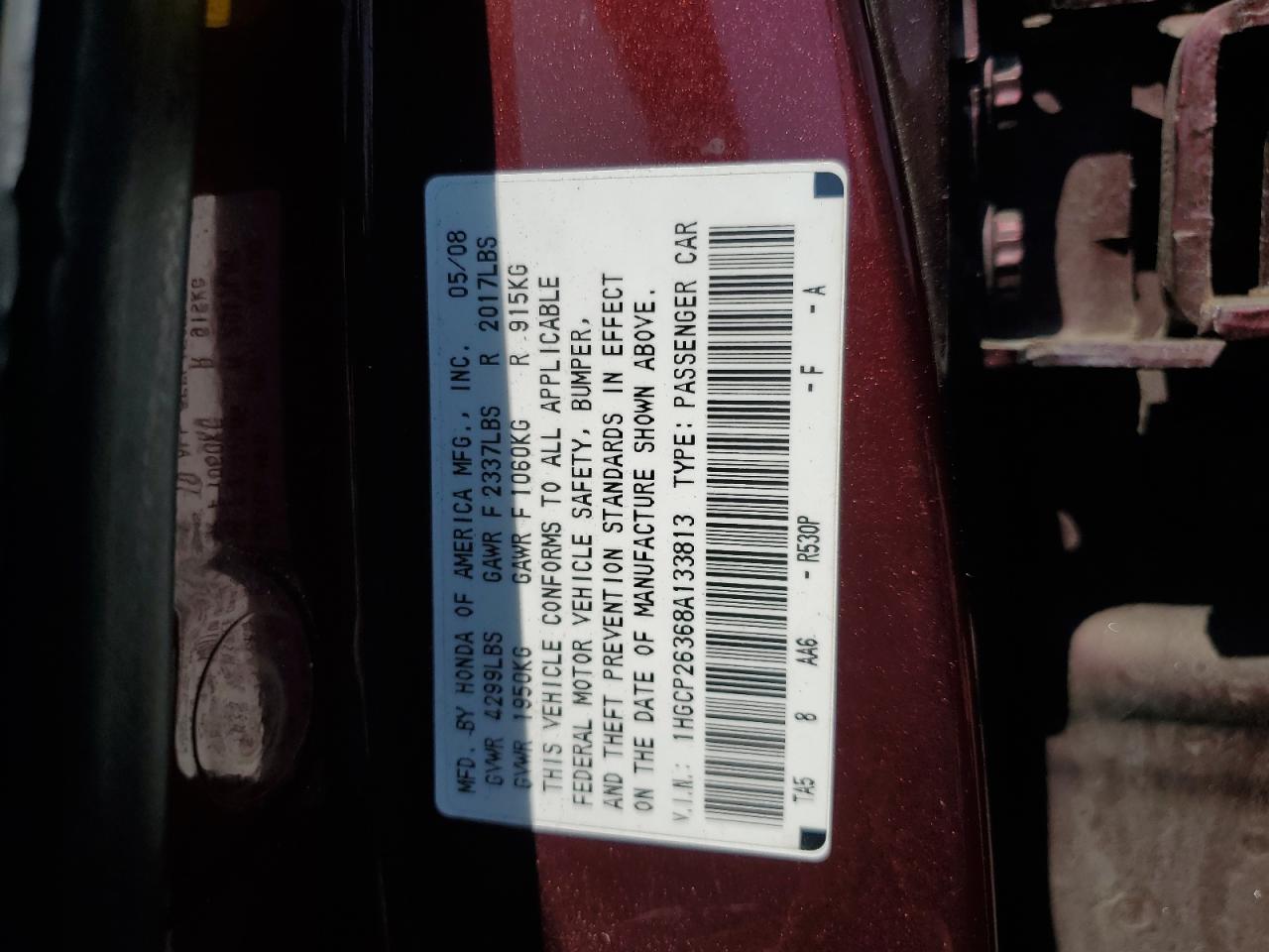 2008 Honda Accord Lx VIN: 1HGCP26368A133813 Lot: 53124115