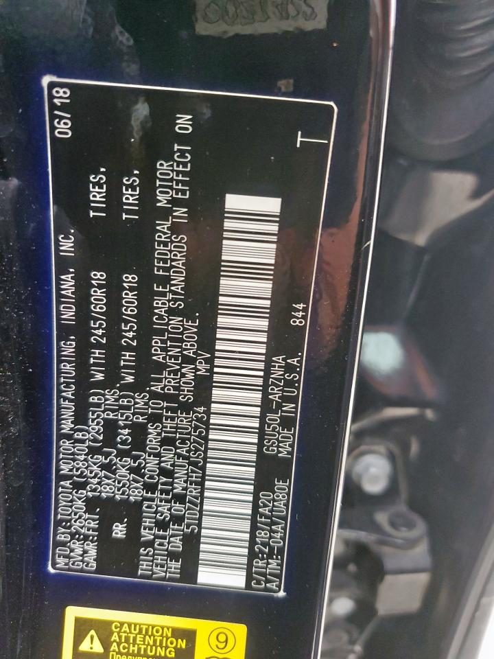 2018 Toyota Highlander Le VIN: 5TDZZRFH7JS275734 Lot: 52032685