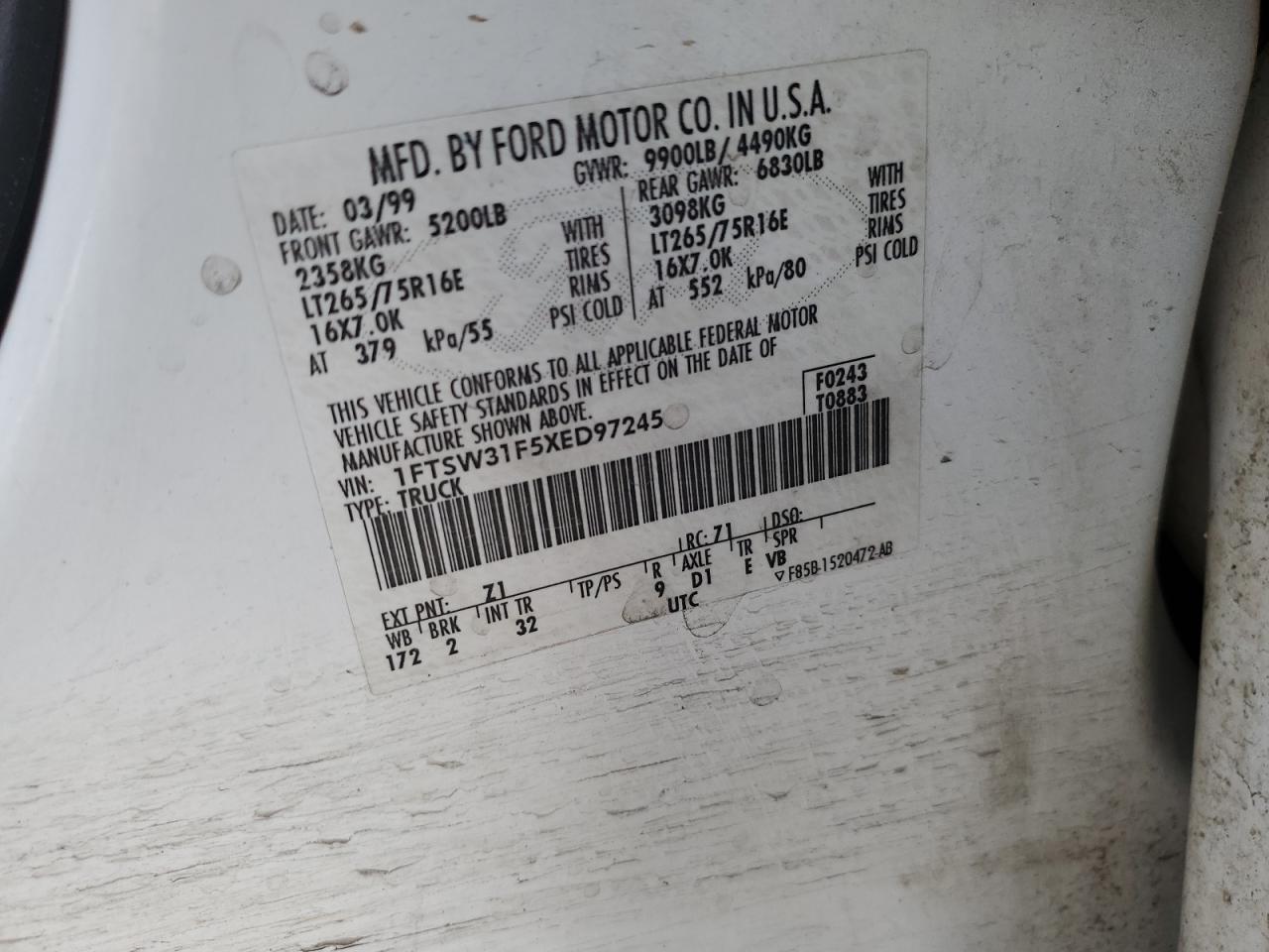 1999 Ford F350 Srw Super Duty VIN: 1FTSW31F5XED97245 Lot: 52635755