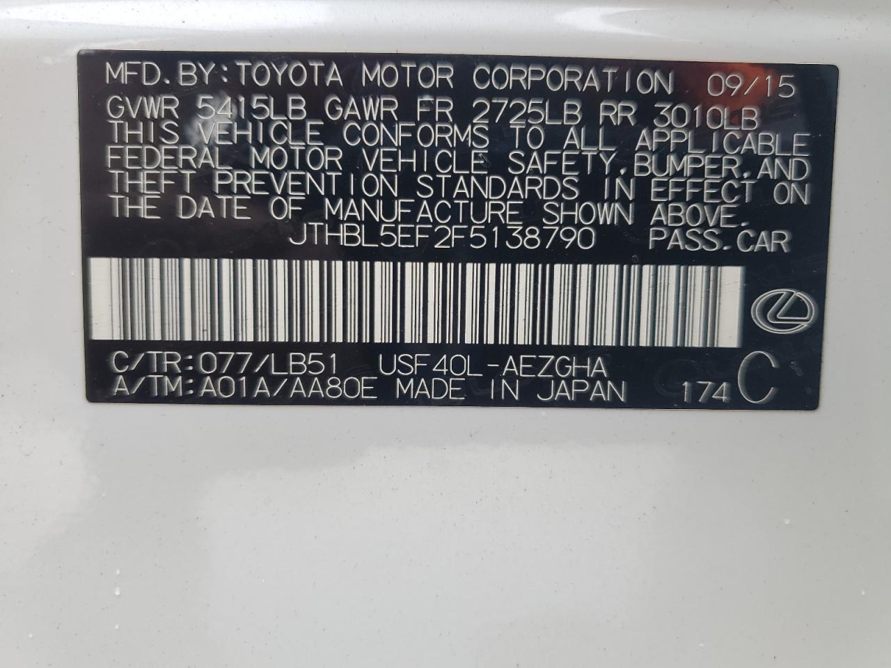 2015 Lexus Ls 460 VIN: JTHBL5EF2F5138790 Lot: 54215965