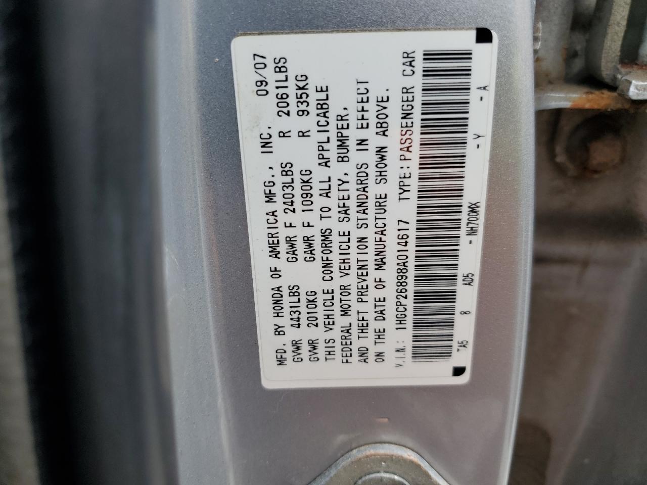 2010 Honda Accord VIN: 1HGCP2689A014617 Lot: 53918725