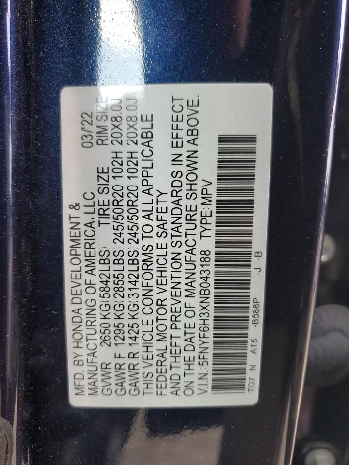 2022 Honda Pilot Spor VIN: FNYF6H3XNB043188 Lot: 52575165