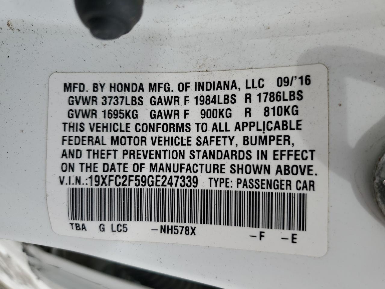 2016 Honda Civic Lx VIN: 19XFC2F59GE247339 Lot: 88352535