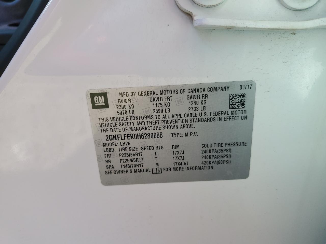 2017 Chevrolet Equinox Lt VIN: 2GNFLFEK0H6280088 Lot: 53390645