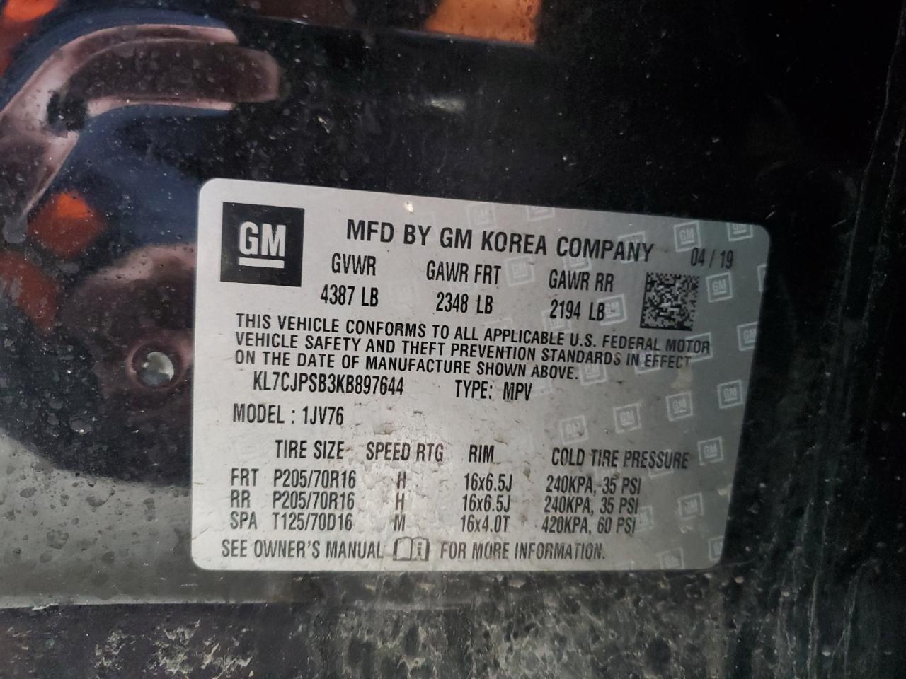 2019 Chevrolet Trax 1Lt VIN: KL7CJPSB3KB897644 Lot: 51478135