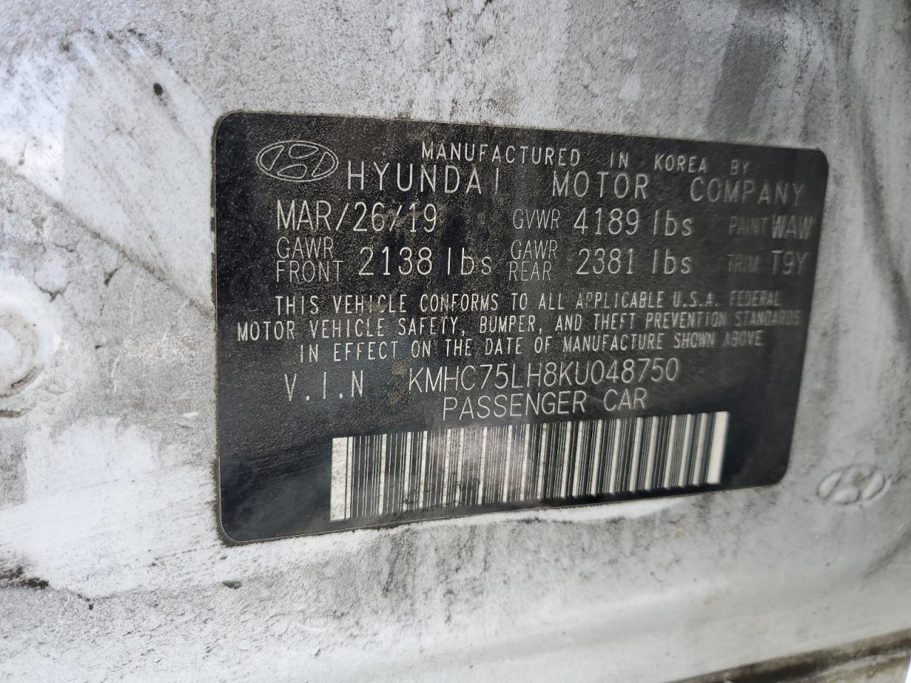 2019 Hyundai Ioniq VIN: KMHC75LH8KU048750 Lot: 54929815